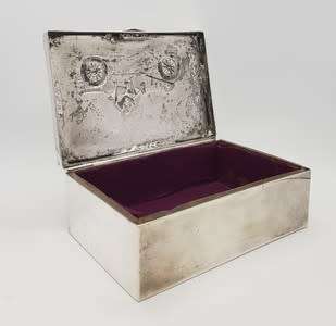 Silver Plated Jewelry Trinket Box with Wood Inlay as per photo