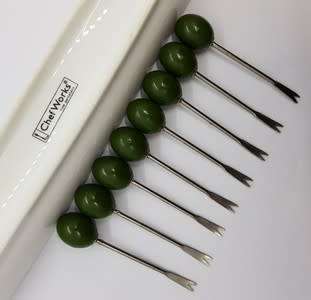 Porcelain Olive Platter with 8 Olive Forks as per photo
