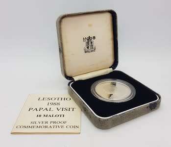 1988 Lesotho Papal Visit 10 Maloti Silver Proof Commemorative Coin as per photo