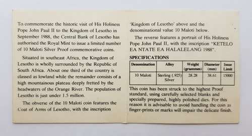 1988 Lesotho Papal Visit 10 Maloti Silver Proof Commemorative Coin as per photo