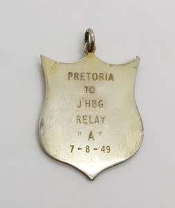 Set of 2 Silver Springbok medals commemorating Jackie Gibson for relay in 1949 in original box app