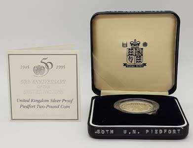 1945-1995 United Nation 50 Year Anniversary Silver 2 Pound Coin as per photo