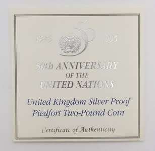1945-1995 United Nation 50 Year Anniversary Silver 2 Pound Coin as per photo