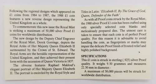 1988 United Kingdom Silver Proof One Pound Coin as per photo