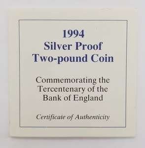 1994 Silver Proof 2 Pound Coin Commemorating the Bank of England as per photo