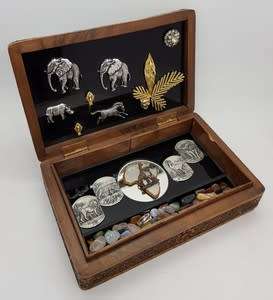 African Big 5 Carved Wooden Box with Gem Stones as per photo