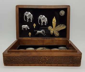 African Big 5 Carved Wooden Box with Gem Stones as per photo