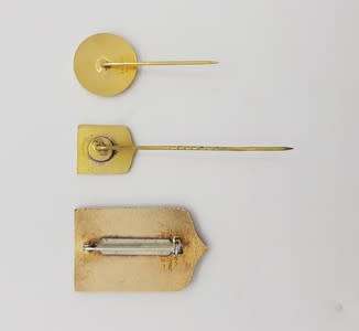 Lot of 3 bowling pins and badges as per scan