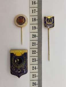 Lot of 3 bowling pins and badges as per scan