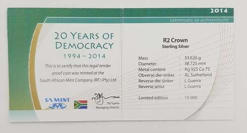 2014 RSA silver proof R2 - 20 years of democracy no 0056