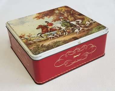 Large tin with hunting scene - as per photo