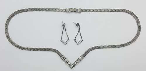 Vintage Silver necklace and earring set with white stones 24 cm - as per photo