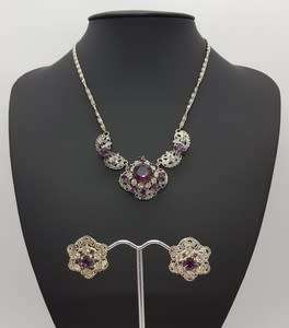 Costume jewellery necklace and clip on earring set with purple stones - as per photo