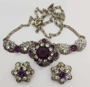 Costume jewellery necklace and clip on earring set with purple stones - as per photo