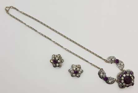 Costume jewellery necklace and clip on earring set with purple stones - as per photo
