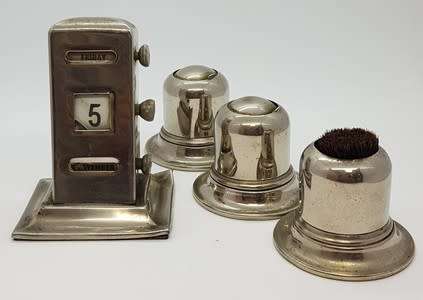 Vintage Ink Well set - 2 x Dipping pots, 1 Brush and desk calendar - as per photo