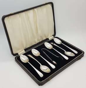 Set of 6 Hallmark Silver spoons and sugar tong in box - as per photo
