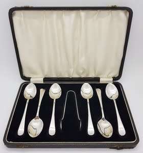 Set of 6 Hallmark Silver spoons and sugar tong in box - as per photo