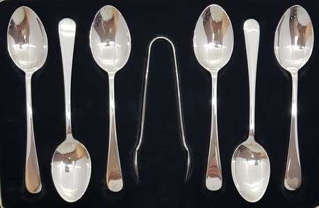 Set of 6 Hallmark Silver spoons and sugar tong in box - as per photo