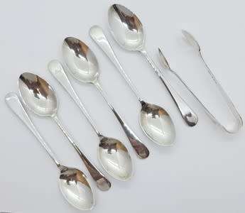 Set of 6 Hallmark Silver spoons and sugar tong in box - as per photo
