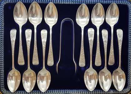Set of 12 Hallmark Silver spoons and sugar tongs in box- as per photo