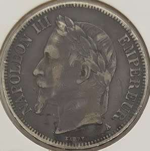 1868 French Silver 5 Franc, Emperor Napoleon III coin as per scan