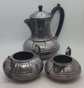Pewter electro plated teapot, milkjug and sugar bowl made in Sheffield, England - as per photo