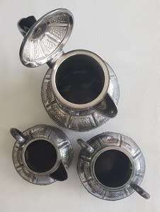 Pewter electro plated teapot, milkjug and sugar bowl made in Sheffield, England - as per photo