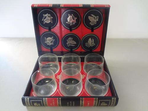Set of 6 whiskey glasses with coasters concealed in book as per photo