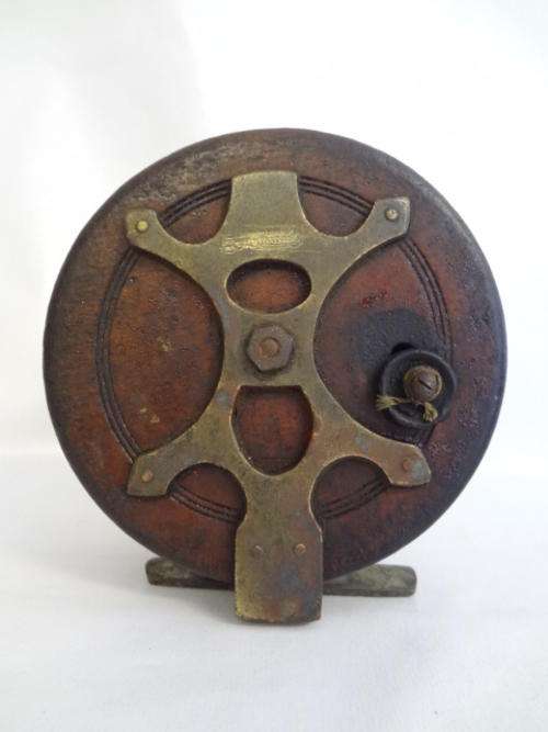 Vintage brass & wood fishing reel - as per photo