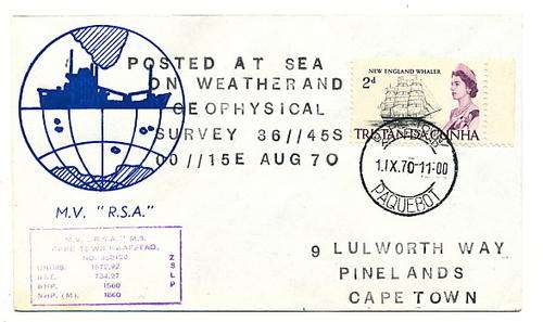 RSA Baquebot FDC - Posted at Sea on Weather and Geophysical survey 1970 - as per photo