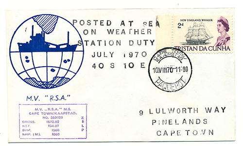 RSA Baquebot FDC - Posted at Sea on Weather station duty, 40S 10 E, July 1970 - as per photo
