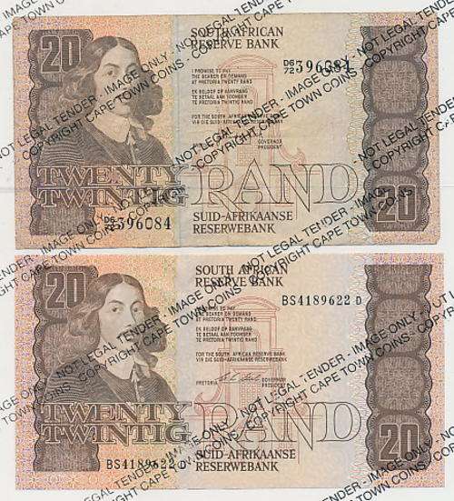 Lot of 2 South Africa R20 banknotes - Gerhard de Kock & G.L Stals - as per scan