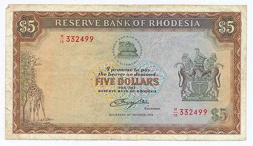 Rhodesia Five Dollar note 1978 - as per scan