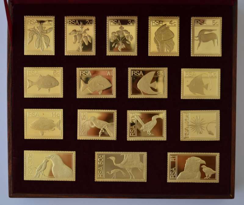 925 Sterling Silver RSA 1974/5 Definitive Gold-Plated Replica Stamp Set as per photo