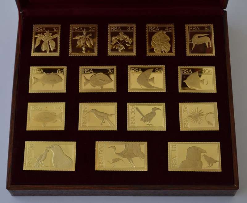 925 Sterling Silver RSA 1974/5 Definitive Gold-Plated Replica Stamp Set as per photo
