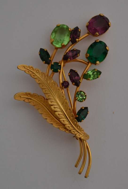 Vintage 12ct Gold Filled Leaf Brooch with Multi Coloured Stones as per photo