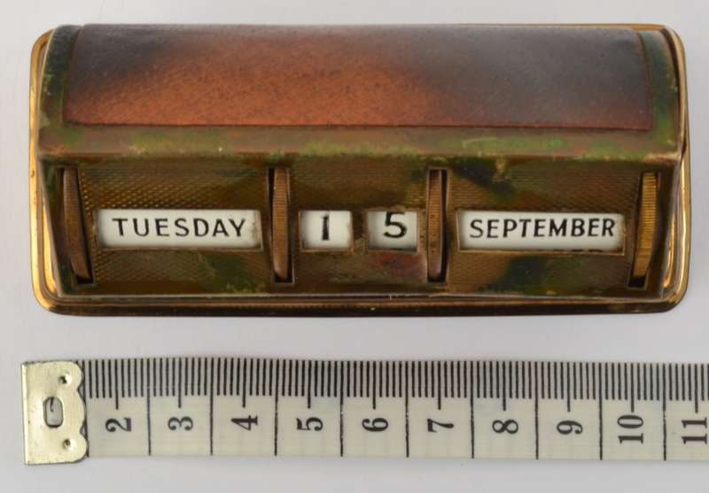 Vintage Perpetual Brass & Pig Skin Desk Calendar made in England as per photo