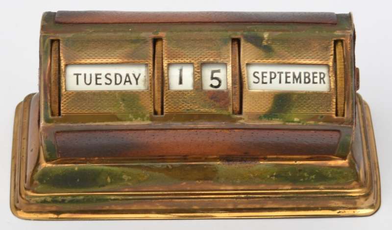 Vintage Perpetual Brass & Pig Skin Desk Calendar made in England as per photo