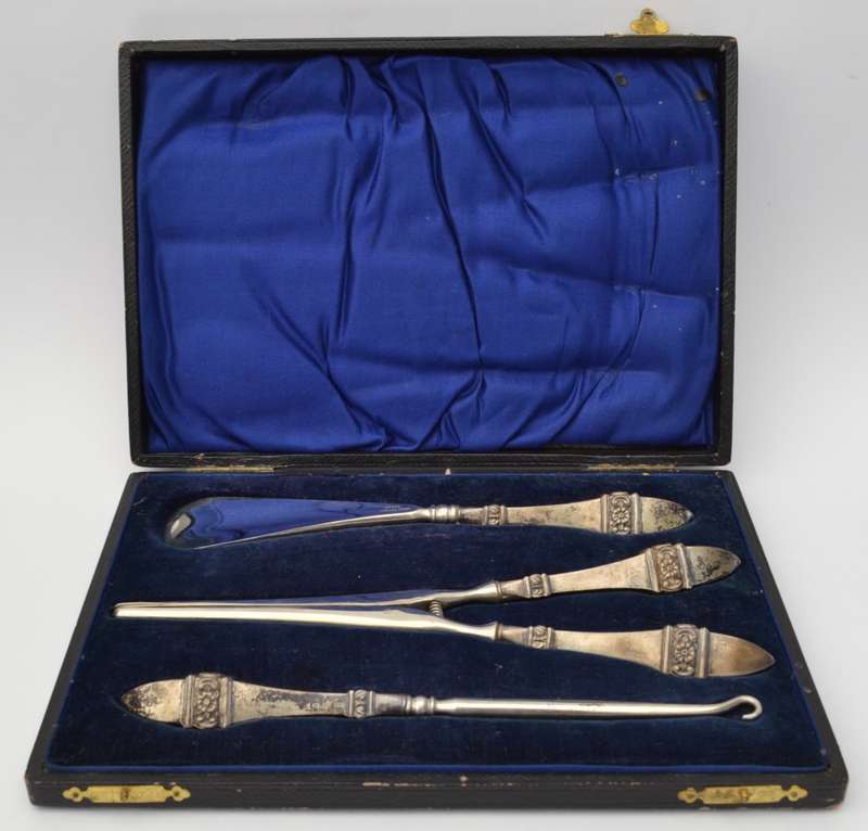 Sterling Silver Antique Victorian Shoe Horn, Glove Stretcher & Button Hook Set as per photo
