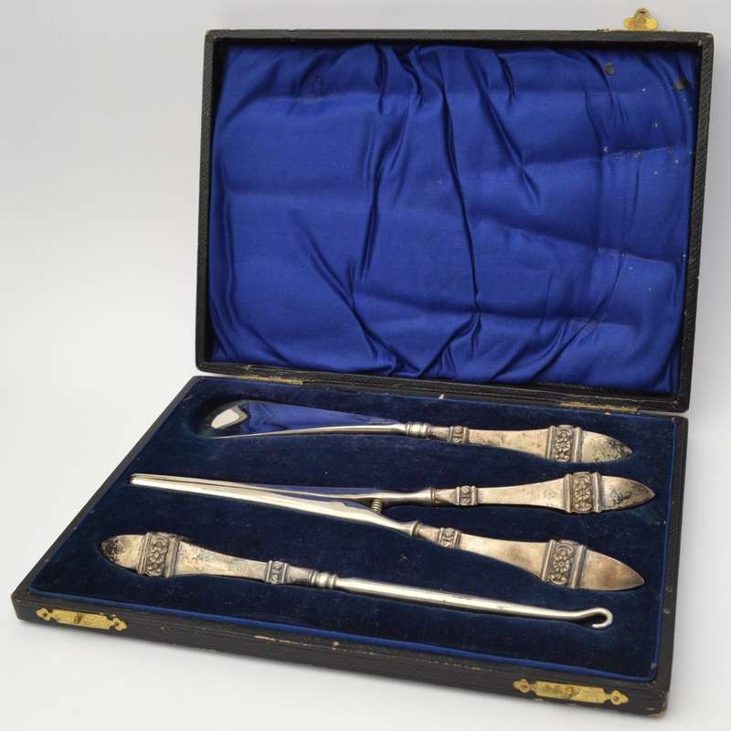 Sterling Silver Antique Victorian Shoe Horn, Glove Stretcher & Button Hook Set as per photo