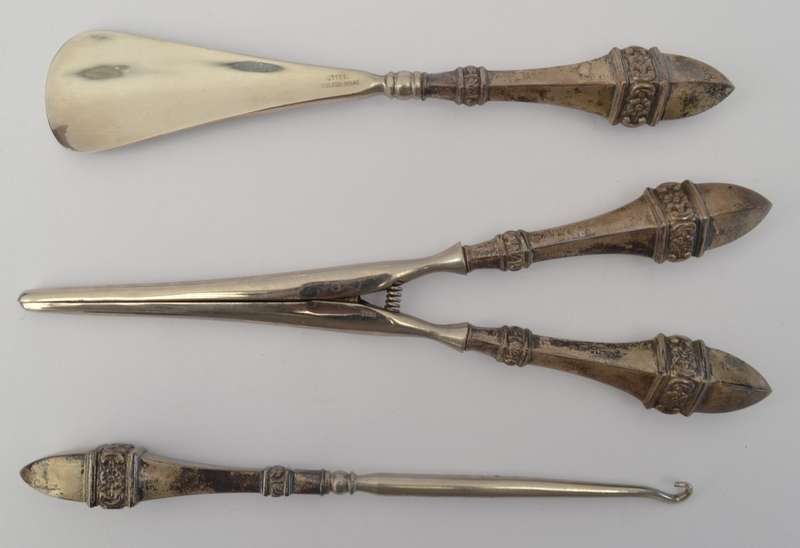 Sterling Silver Antique Victorian Shoe Horn, Glove Stretcher & Button Hook Set as per photo