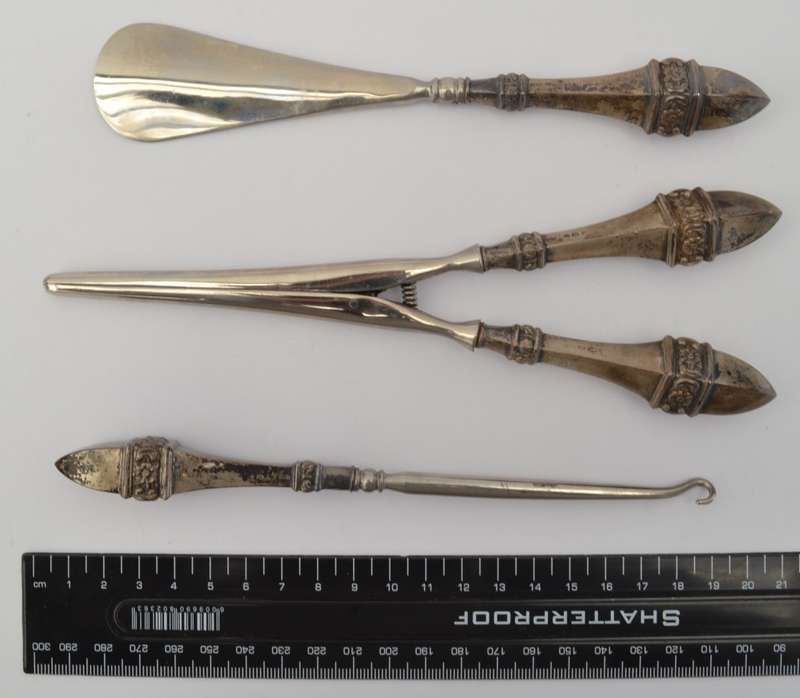 Sterling Silver Antique Victorian Shoe Horn, Glove Stretcher & Button Hook Set as per photo