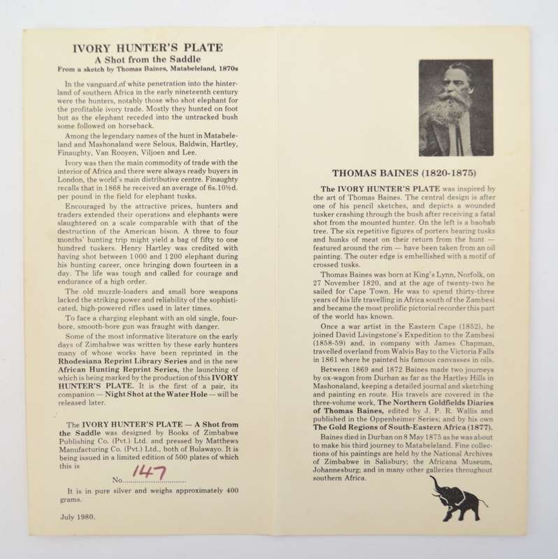 Hunters Plate-A shot from the saddle-from a pencil sketch by Thomas Baines weight 391g as per photo