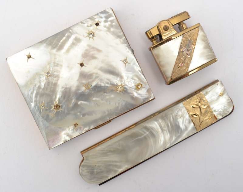 Mother of Pearl Marhill Compact, Comb & Lighter Set as per photo