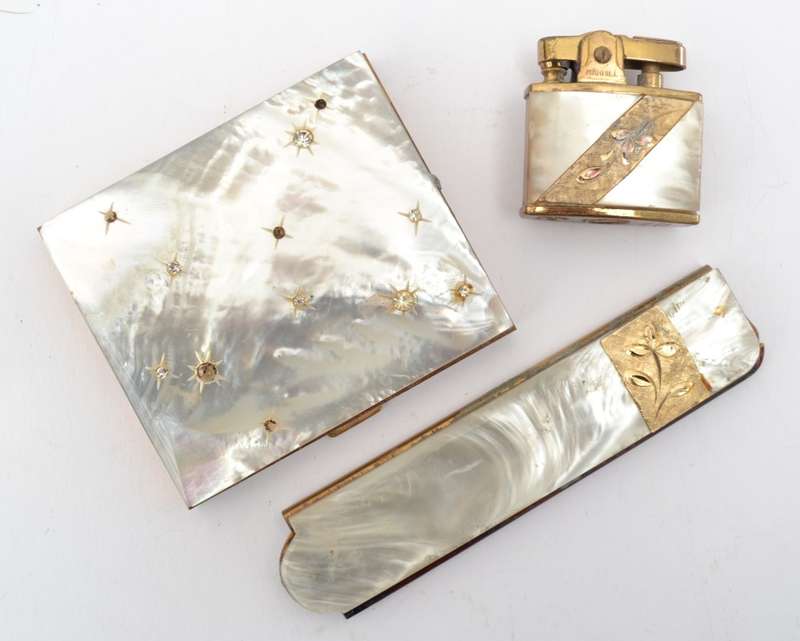 Mother of Pearl Marhill Compact, Comb & Lighter Set as per photo