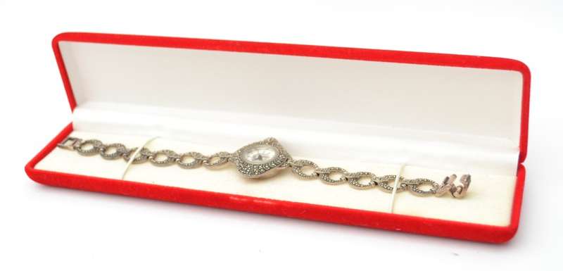 Sterling Silver Marcasite Wrist Watch by H.F. as per photo