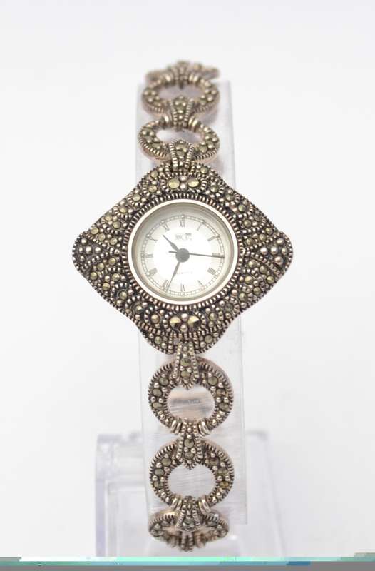 Sterling Silver Marcasite Wrist Watch by H.F. as per photo