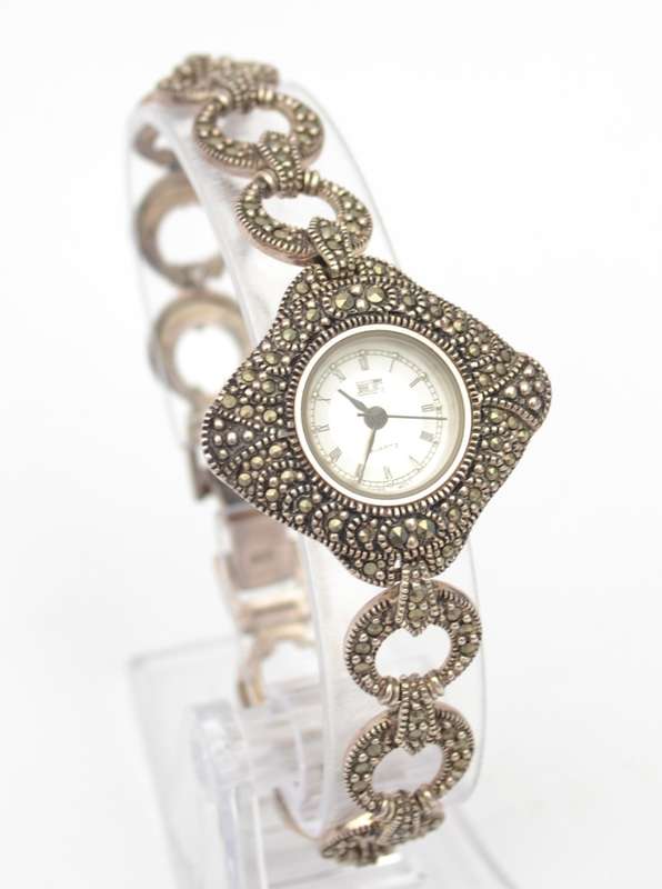 Sterling Silver Marcasite Wrist Watch by H.F. as per photo