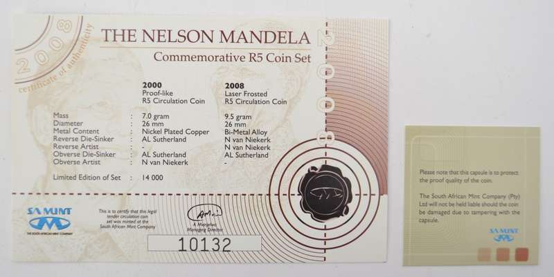 Nelson Mandela Commemorative 2 Piece R5 Coin Set as per photo